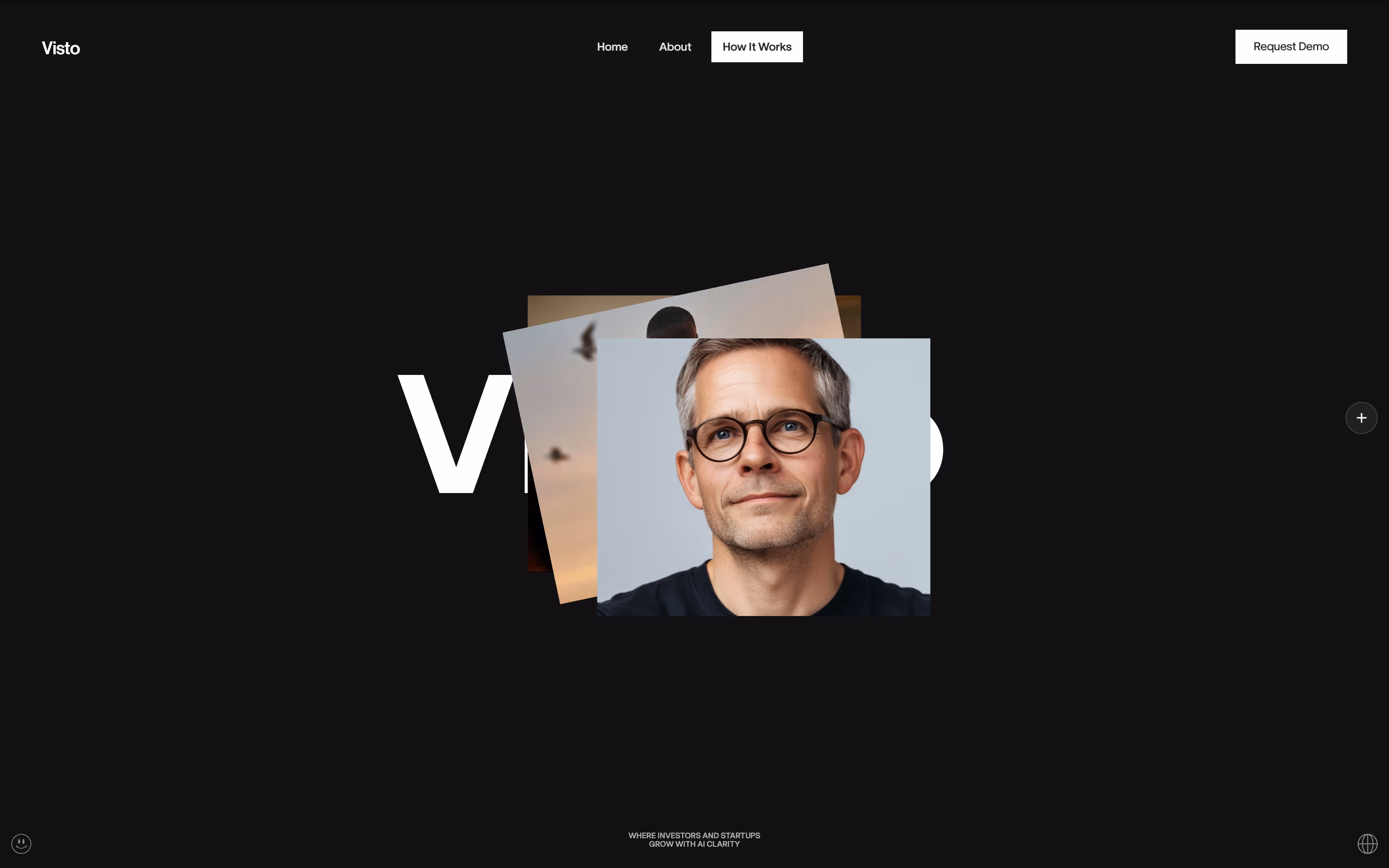 Website homepage with black background, navigation menu, and a stacked photo collage including a middle-aged man wearing glasses looking straight ahead.