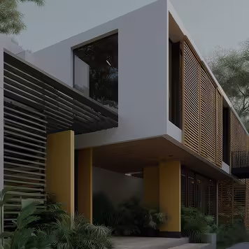 Contemporary home with sharp geometry and muted materials.