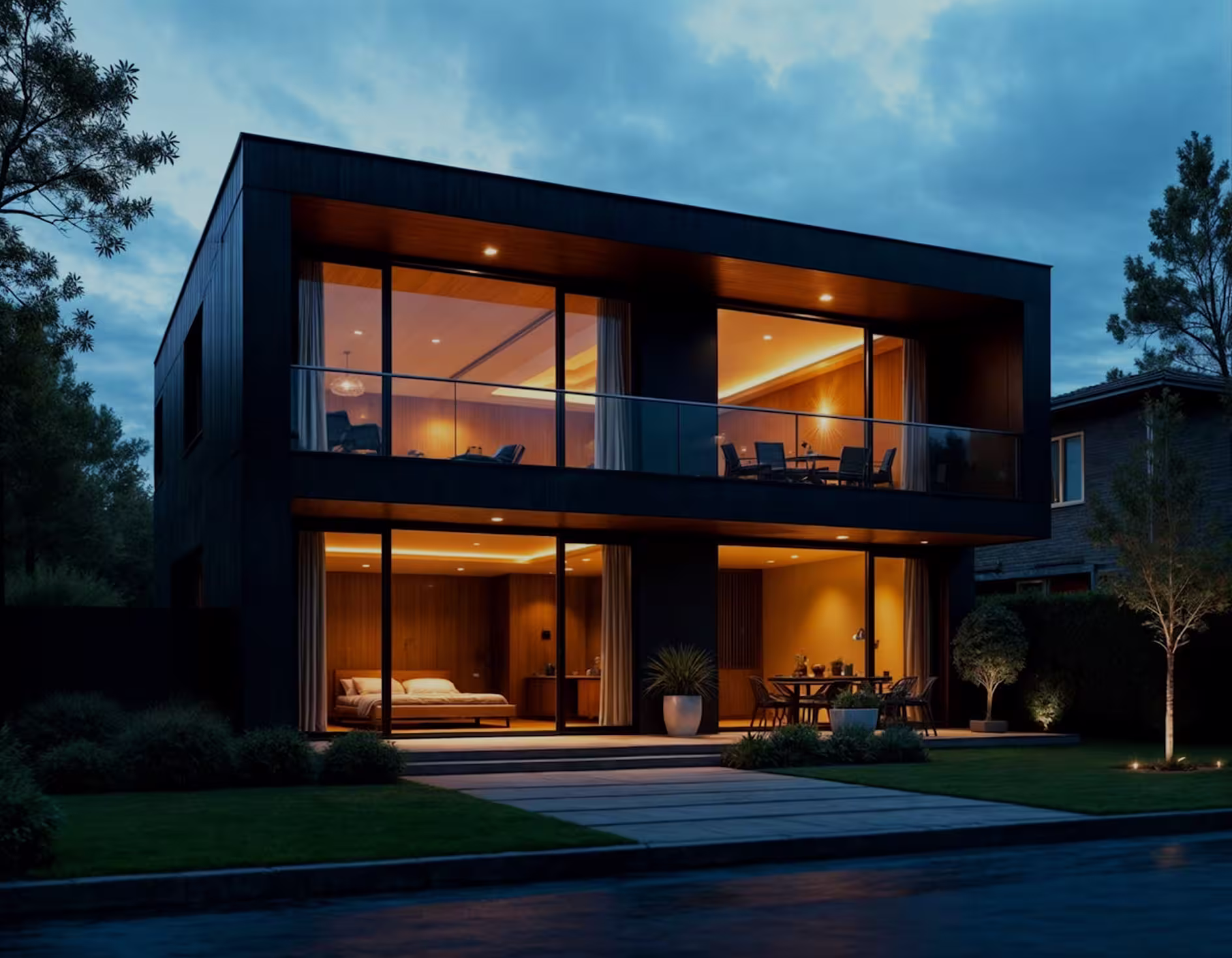 Glassy modern home lit at night with deep shadows.