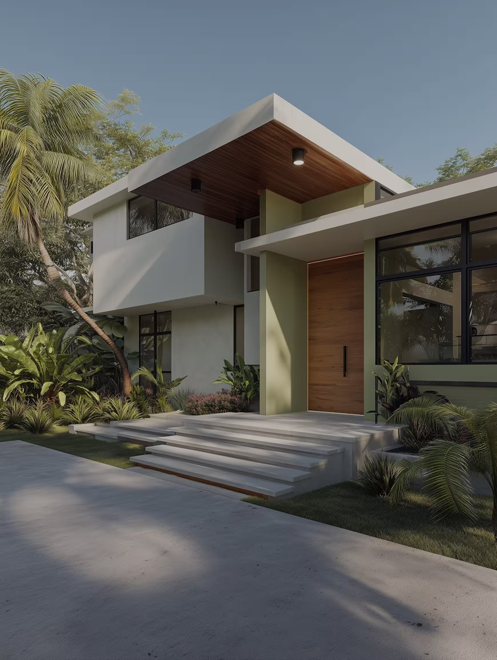 Stylish modern house with natural materials and trees.