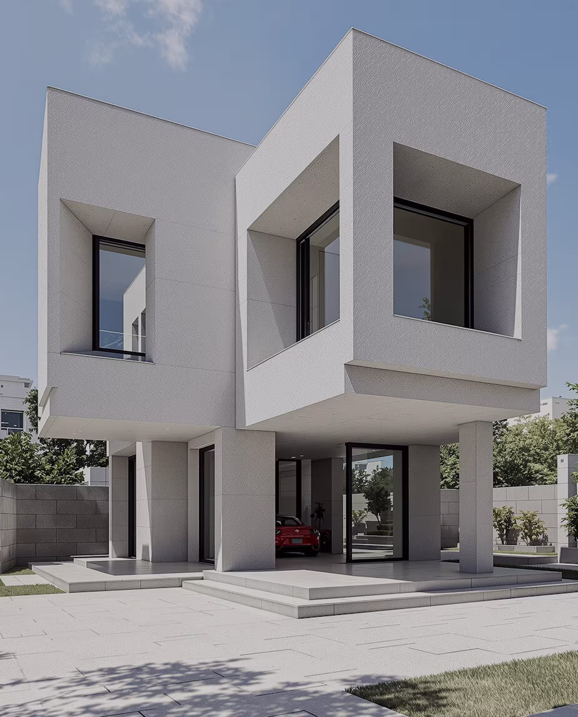 Modern white facade with sharp, geometric forms.