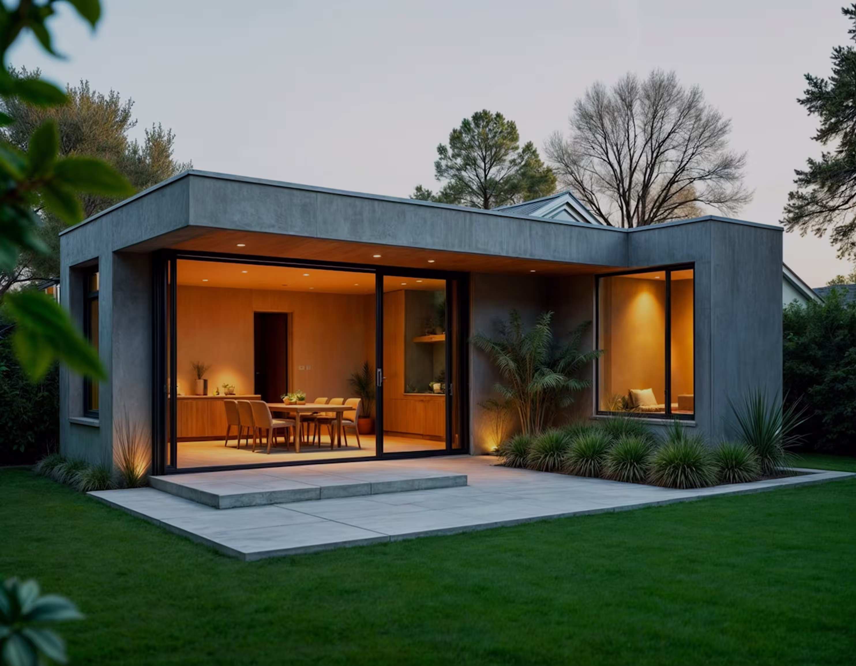 Low modern building with warm lights and greenery.