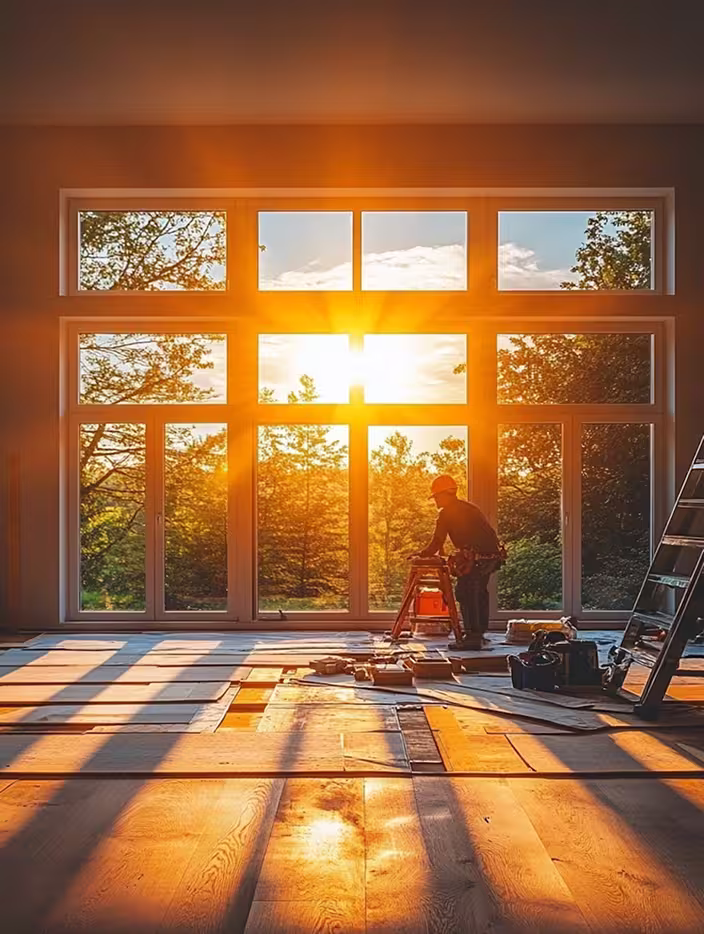 Warm sunlight casting long patterns indoors.