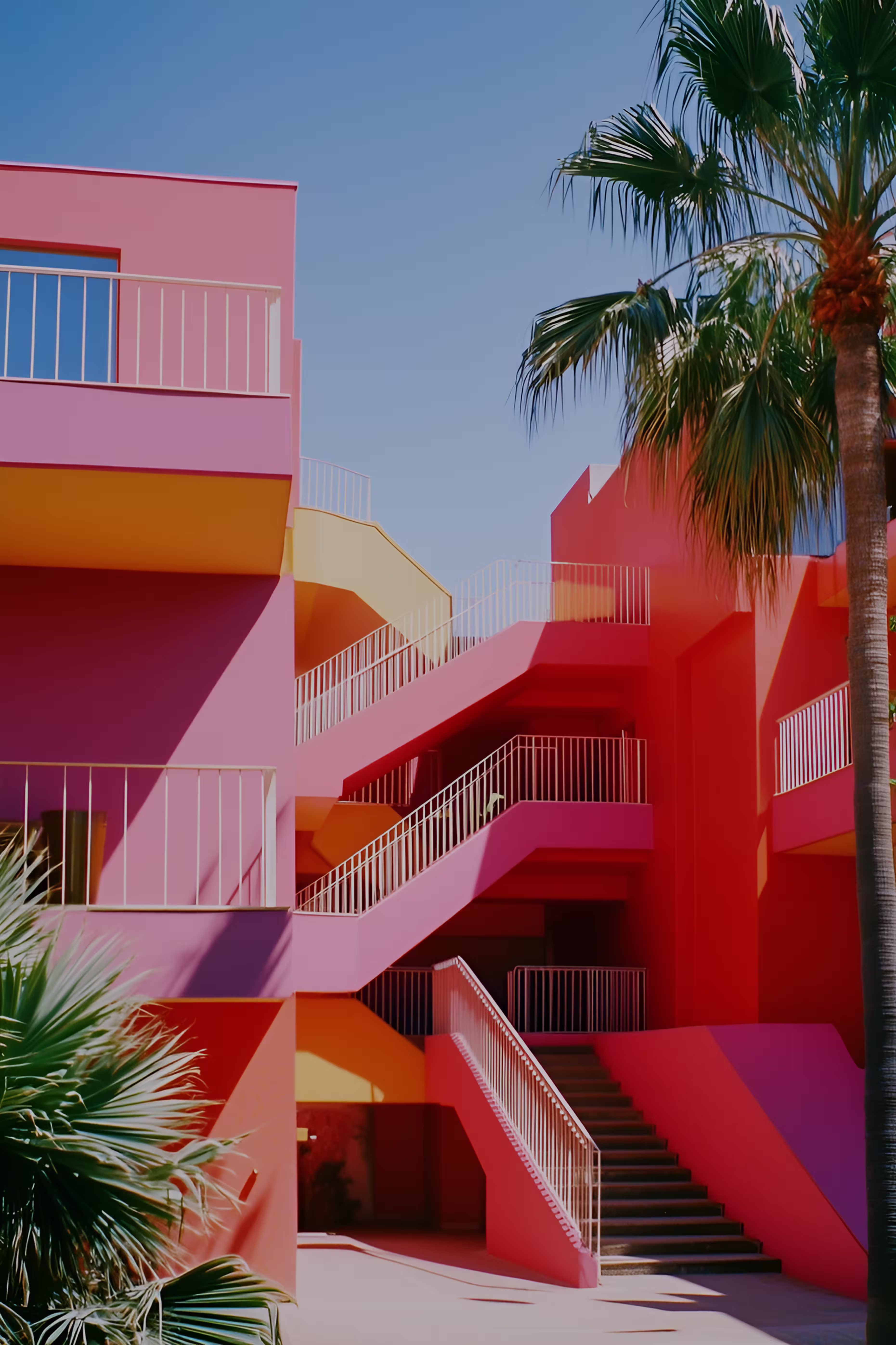 Pink modern structure with palm trees and strong sunlight.