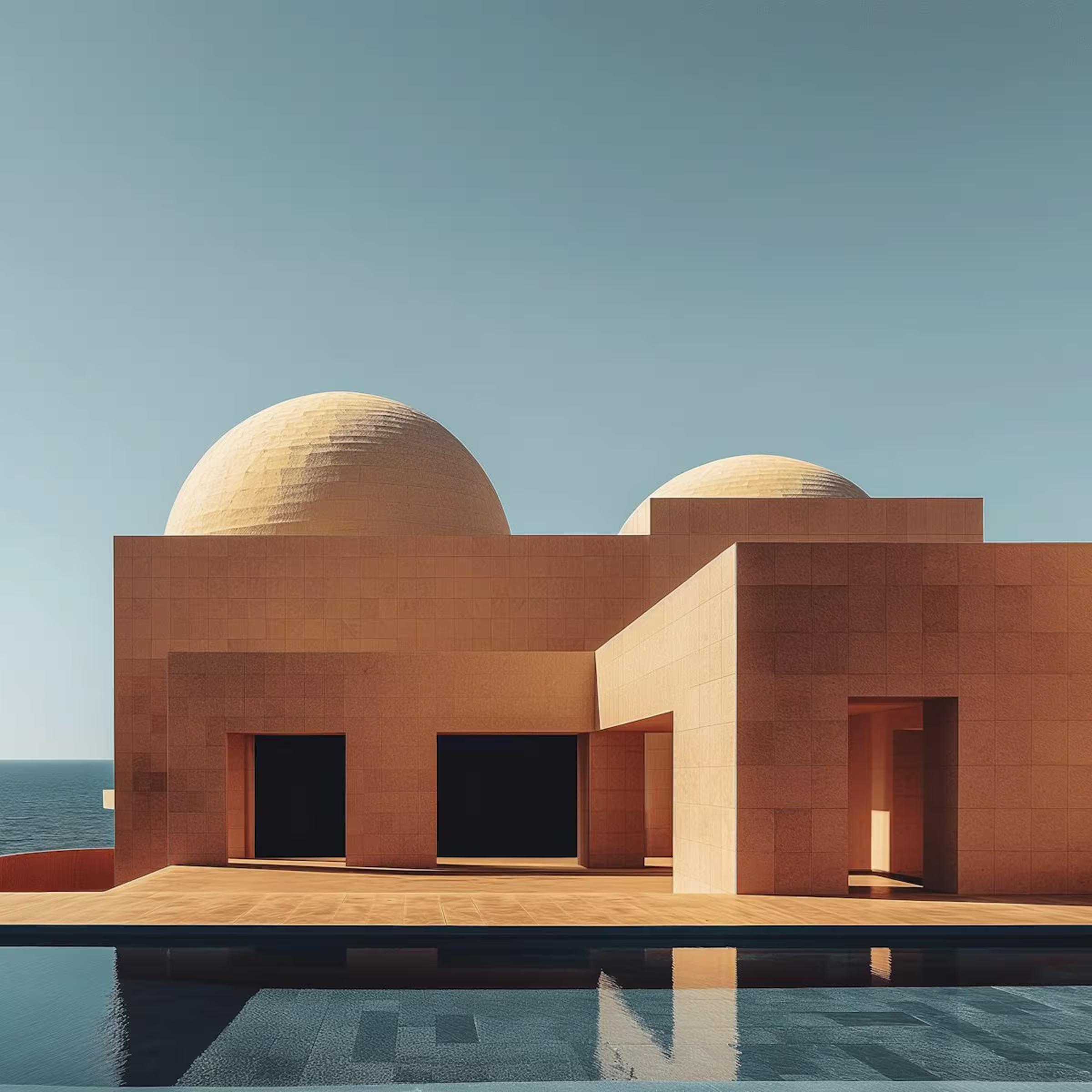 Warm-toned modern home with domes beside a calm reflecting pool.