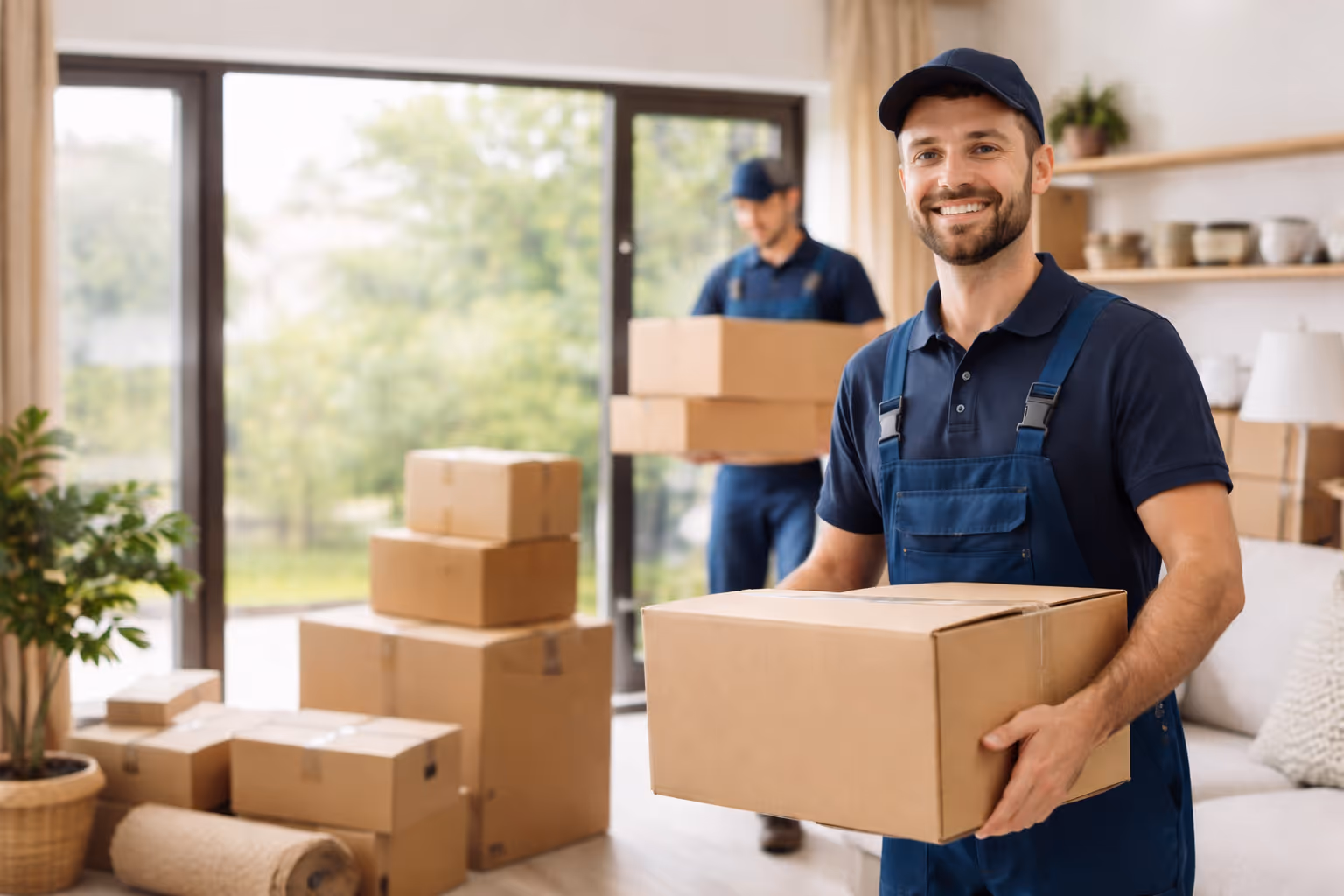 Professional removalists in Australia carrying boxes during a home move, local and interstate moving services