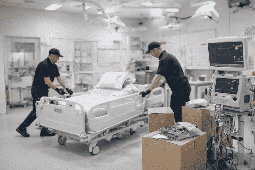 Professional medical relocation team moving hospital equipment and clinic furniture in Melbourne