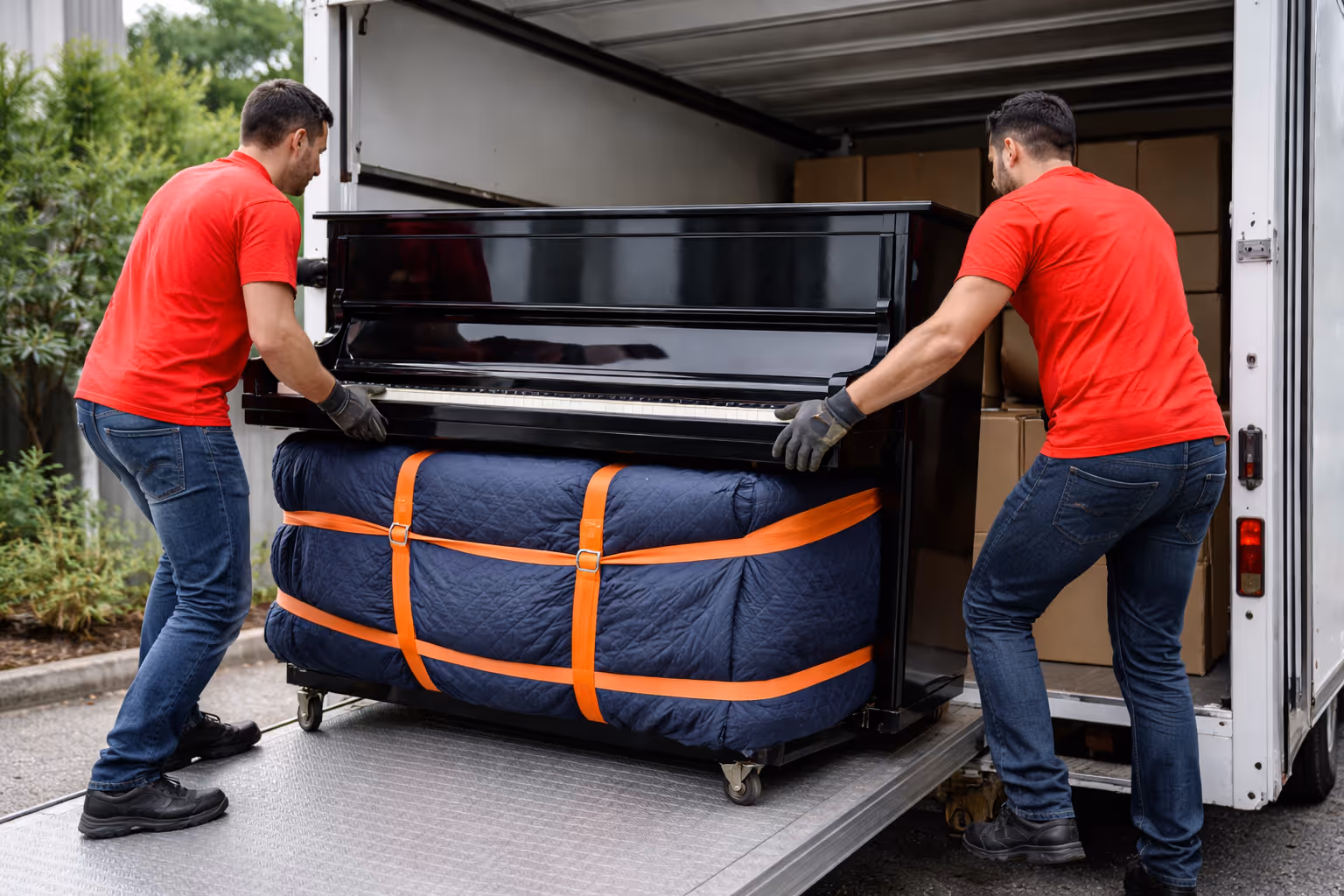 Professional piano movers loading a wrapped upright piano into a moving truck in Melbourne