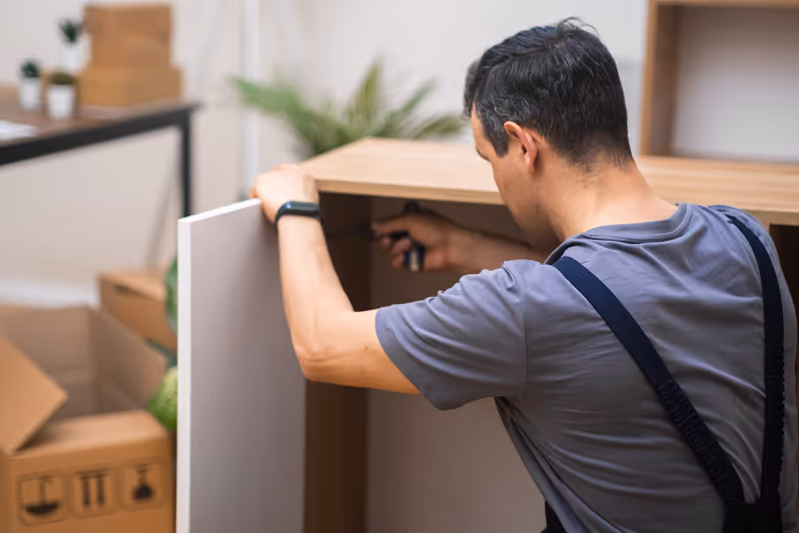 Skilled technician assembling modern furniture safely in a Melbourne home