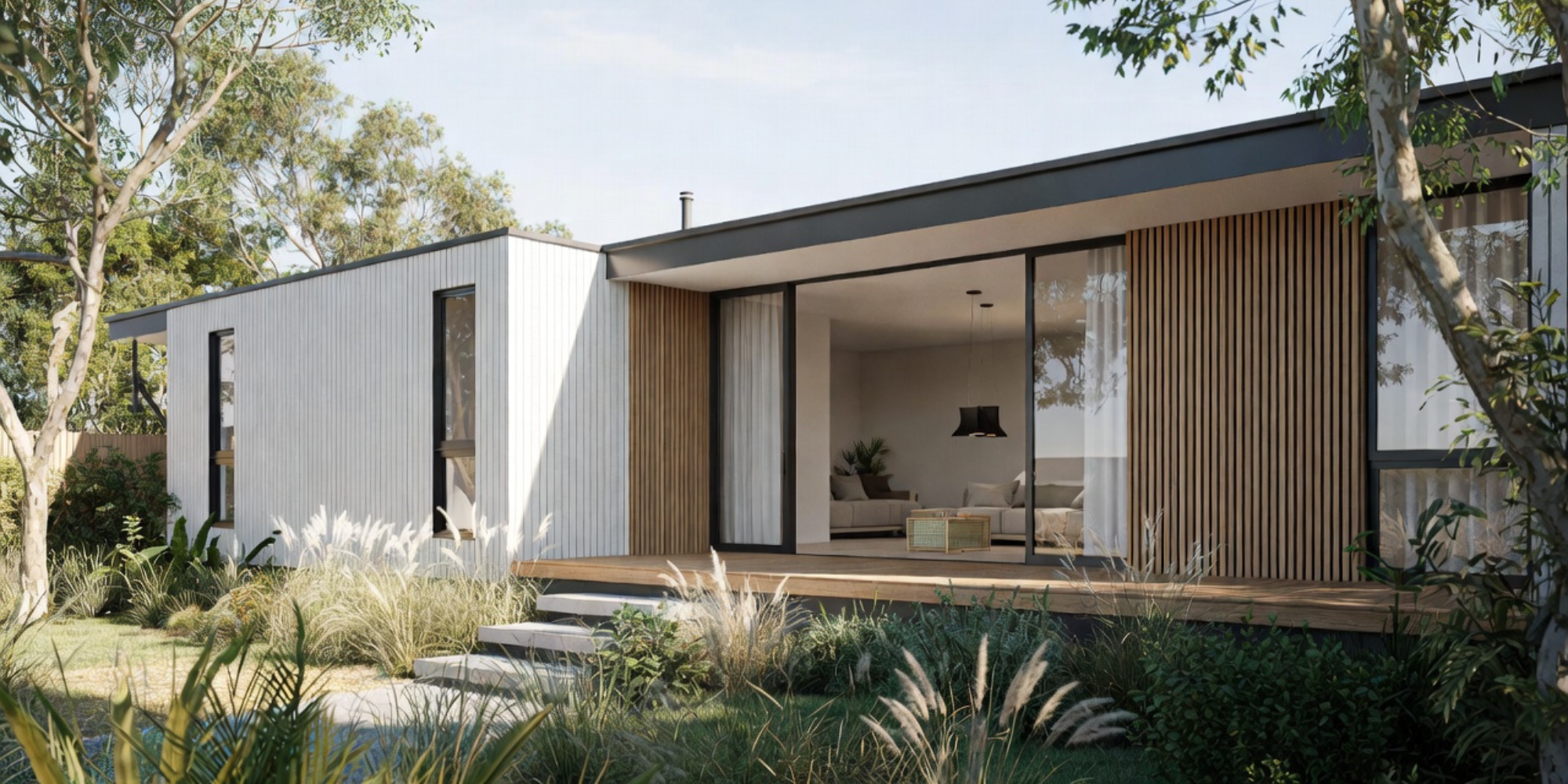 Modern single-story house with white and wooden vertical paneling, large sliding glass doors, surrounded by greenery and ornamental grasses.