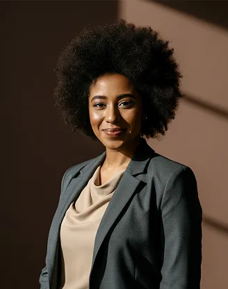 Portrait of a woman with curly hair smiling confidently in a blazer.