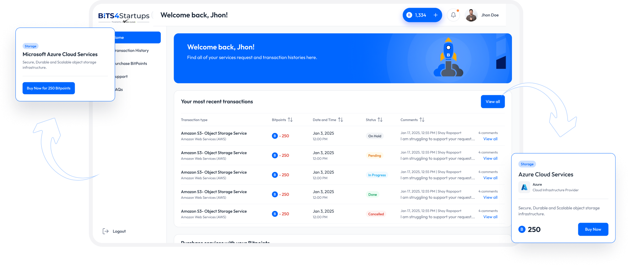 Dashboard interface showing user's transaction history with Azure Cloud Services, status indicators, and two pop-ups promoting Amazon S3 storage service for 250 Bitpoints.