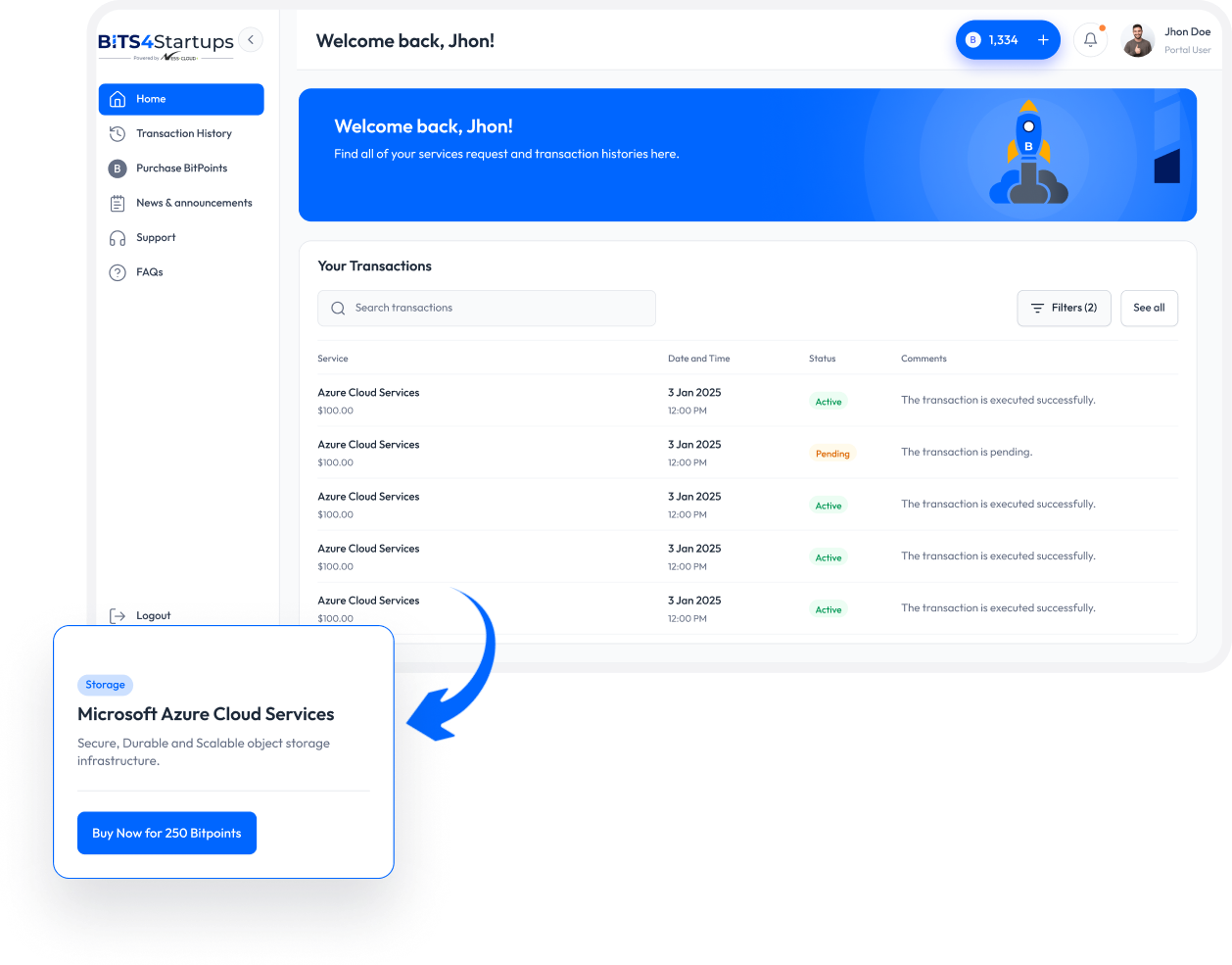 Dashboard interface showing user's transaction history with Azure Cloud Services, status indicators, and two pop-ups promoting Amazon S3 storage service for 250 Bitpoints.