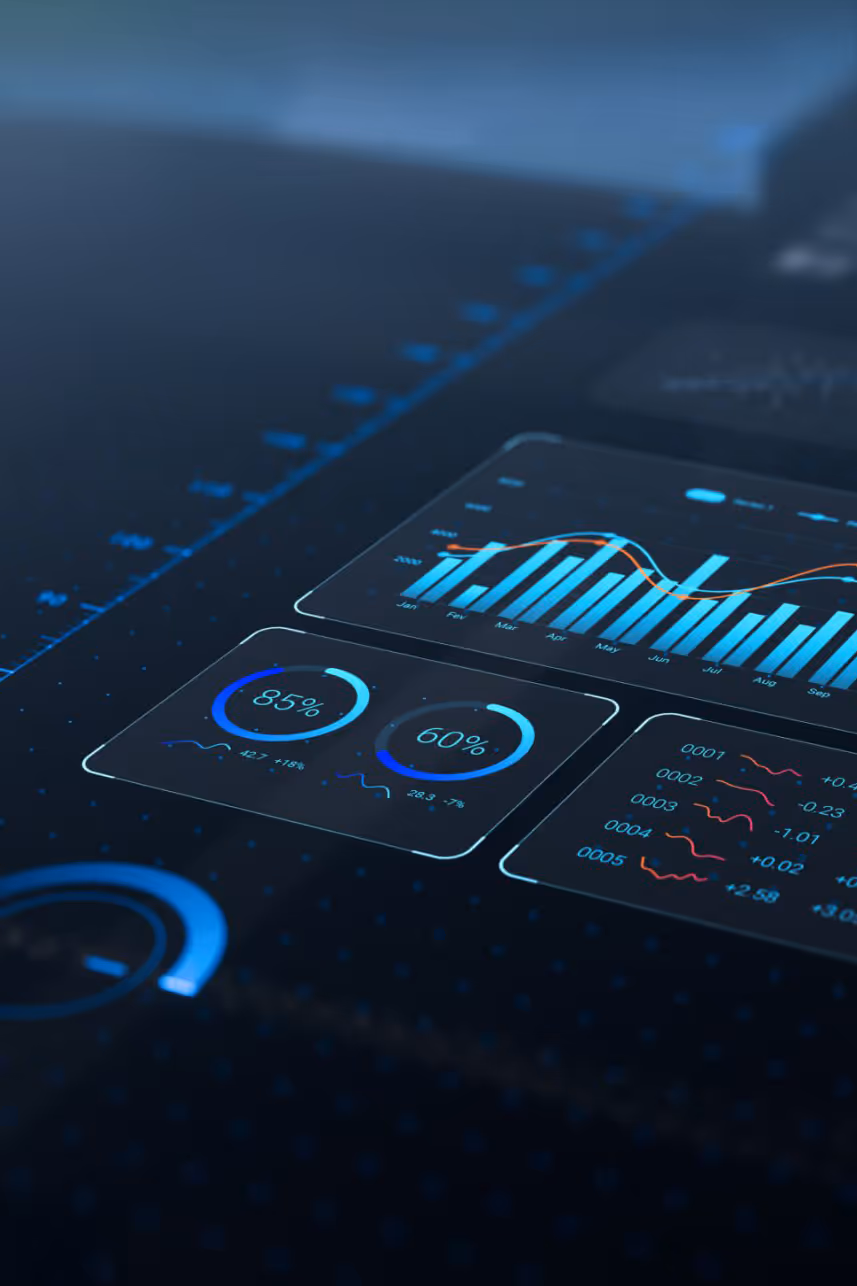 Digital dashboard displaying performance analytics with bar charts, line graphs, percentage dials, and data points on a dark blue interface.