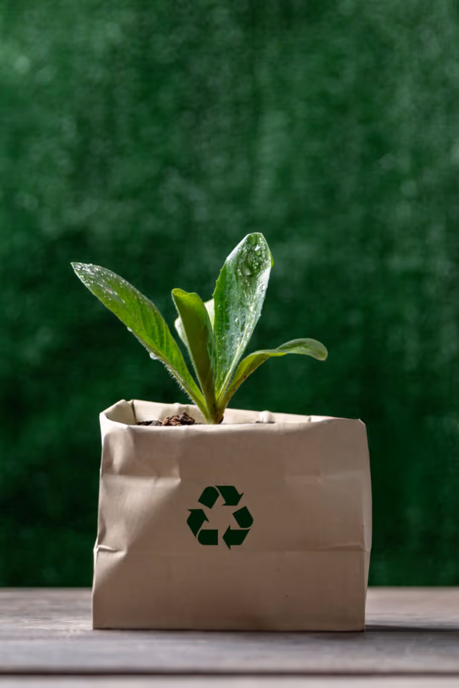 Young green plant growing out of soil in a biodegradable paper bag with a recycling symbol.