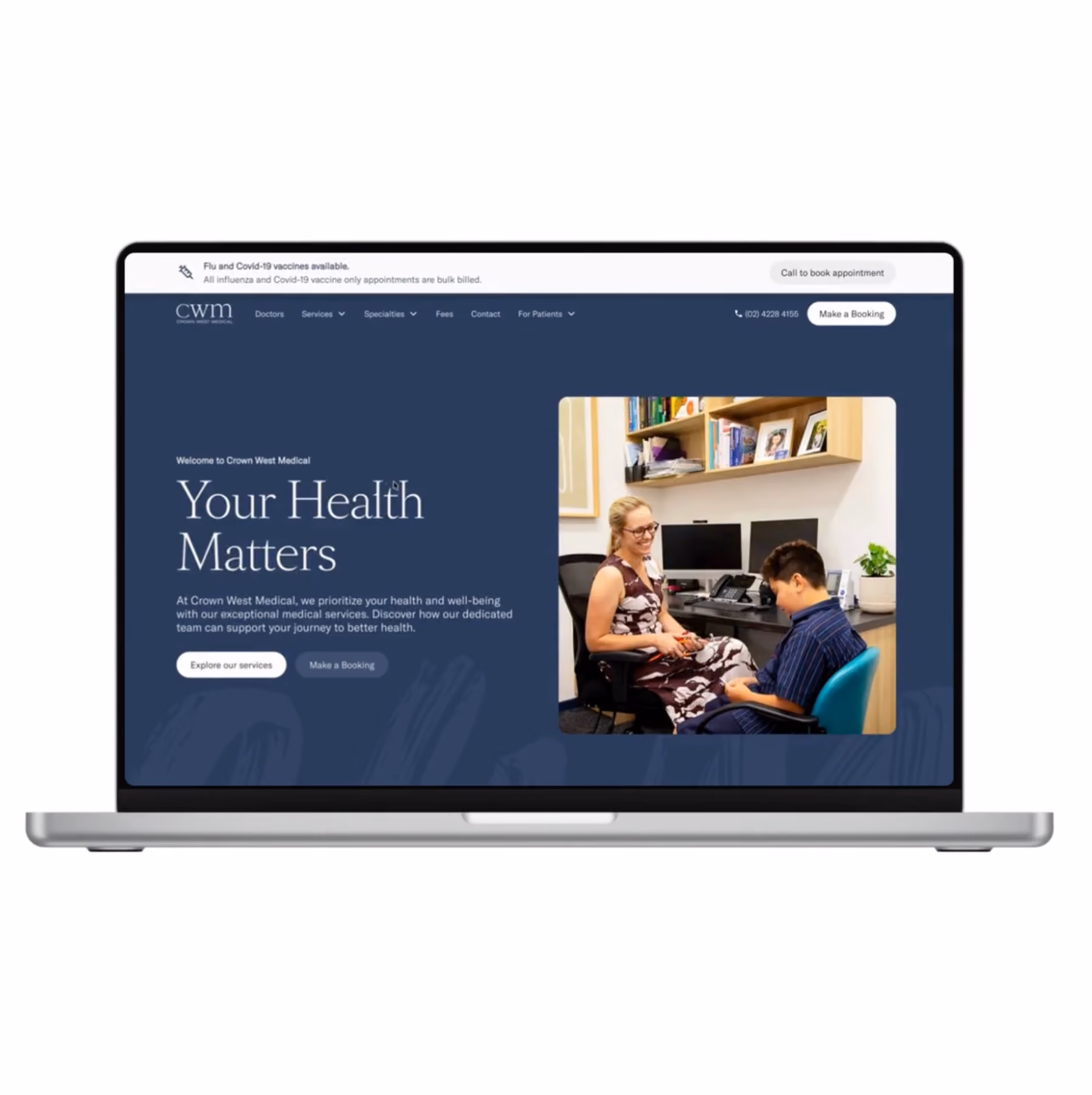Laptop screen showing Crown West Medical homepage with tagline 'Your Health Matters' and photo of a smiling woman consulting a young boy in a medical office.