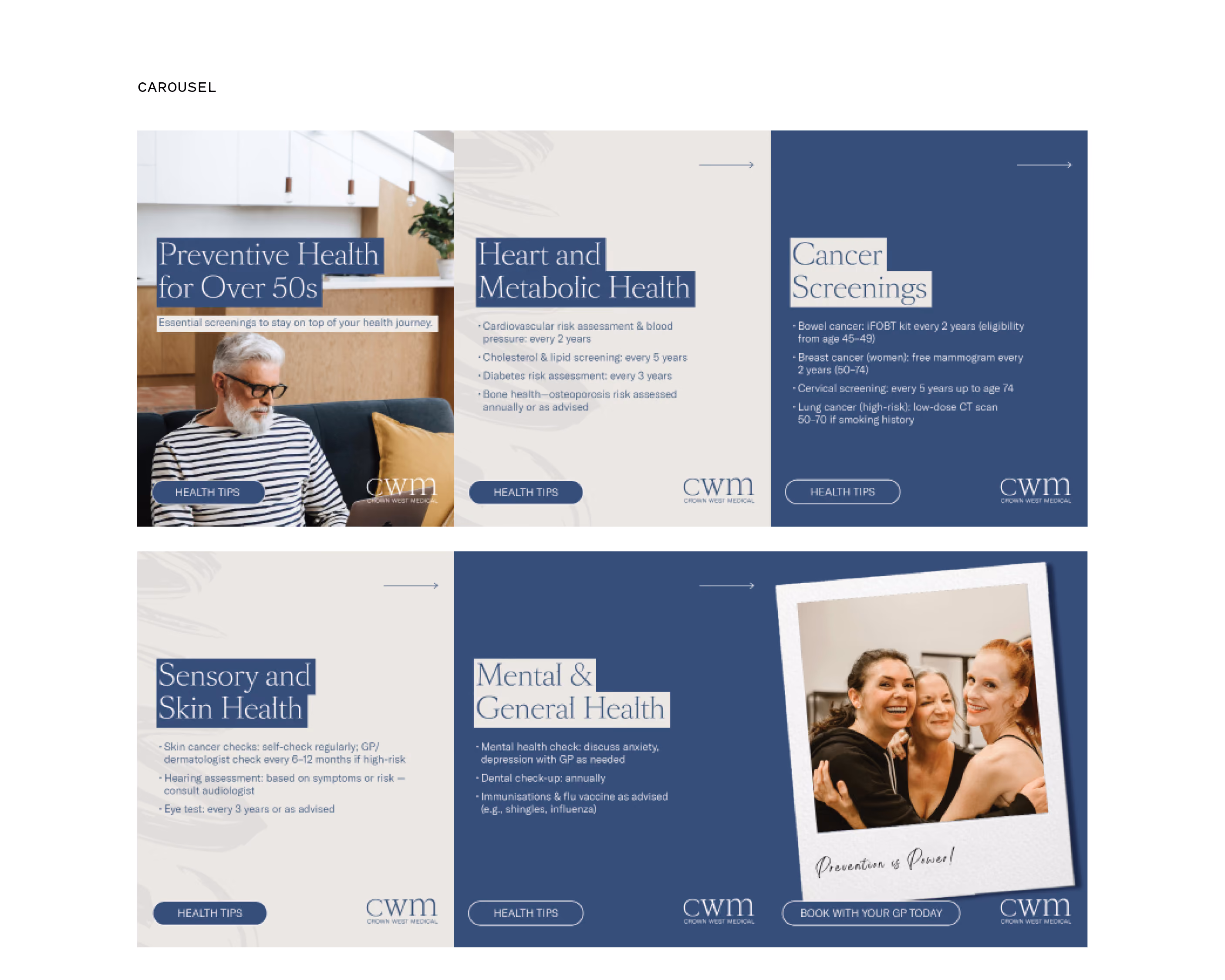 Infographic with health tips for over 50s covering preventive health, heart and metabolic health, cancer screenings, sensory and skin health, and mental and general health, with an image of an elderly man and a photo of three smiling women.