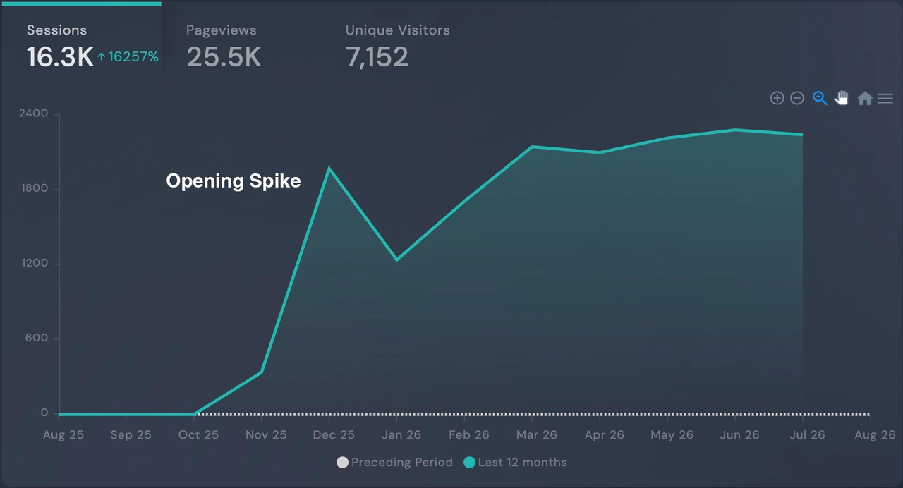 Dashboard showing website analytics with 1,033 sessions up 1033%, 1,825 pageviews, 615 unique visitors, and two performance reports rating accessibility, best practices, and SEO.