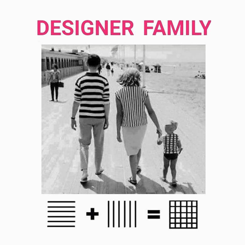 Man, woman and a child walking and wearing t-shirts with stripe patterns.