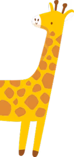 Illustration of a smiling yellow giraffe with orange spots standing upright.