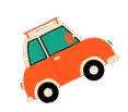 Illustration of a red-orange car with green windows and black wheels on a white background.