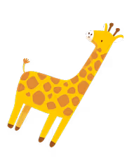 Cartoon illustration of a smiling giraffe standing and looking upward.