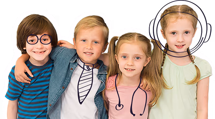 Four smiling children standing close together, with drawn-on glasses, ties, and stethoscope drawings on their clothes.