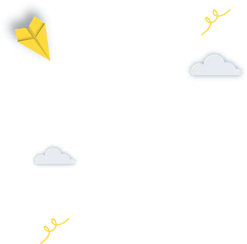 Yellow paper airplane flying with two small clouds and yellow swirl trails on a transparent background.