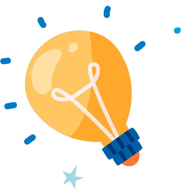 Illustration of a glowing yellow light bulb with blue rays and a star around it.
