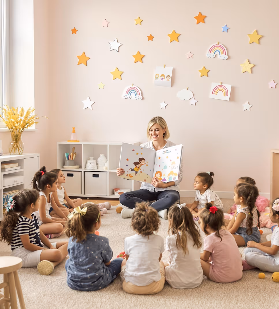 Teacher sitting on the floor reading a storybook to a group of young children seated in a circle in a colorful classroom.