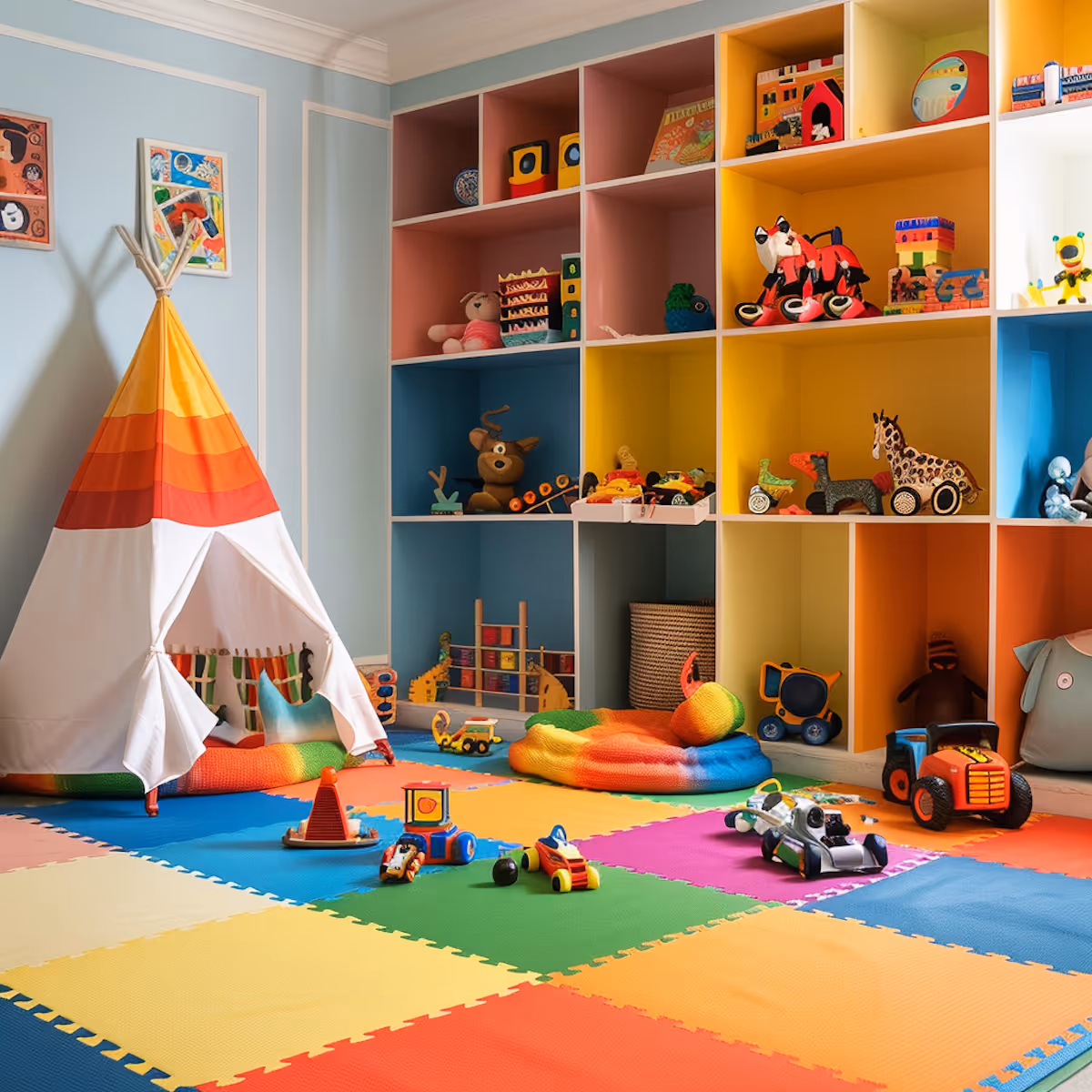 Colorful children's playroom with foam floor tiles, a striped play tent, and multi-colored cubby shelves filled with toys and stuffed animals.