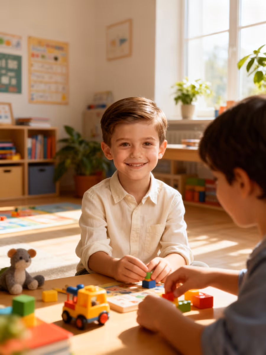 Smiling young boy with neatly combed hair in a brightly lit classroom filled with toys and books.