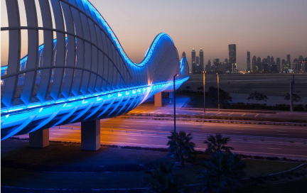 New Company Formation In Dubai with futuristic blue bridge at sunset