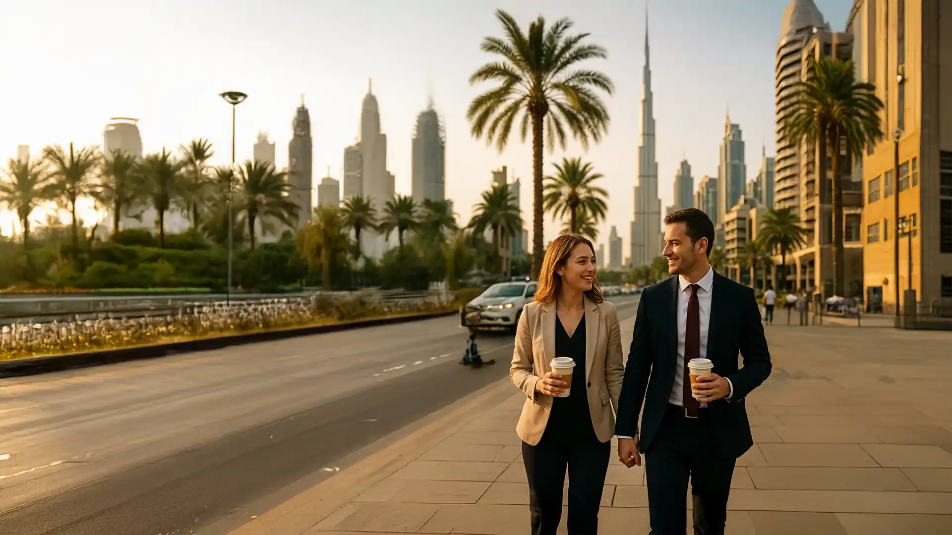 usiness professionals walking on a clean, well-maintained street in Dubai with Burj Khalifa in the background, showcasing urban safety