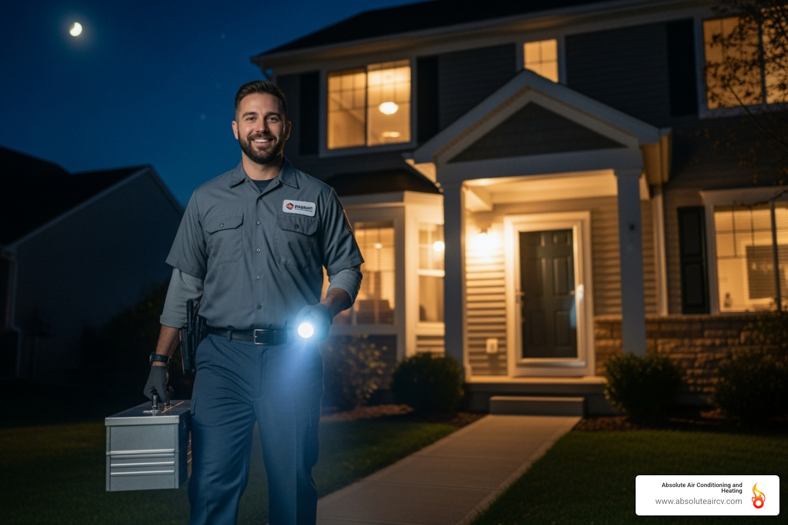 Friendly professional technician arriving at a home at night - Emergency heating repair