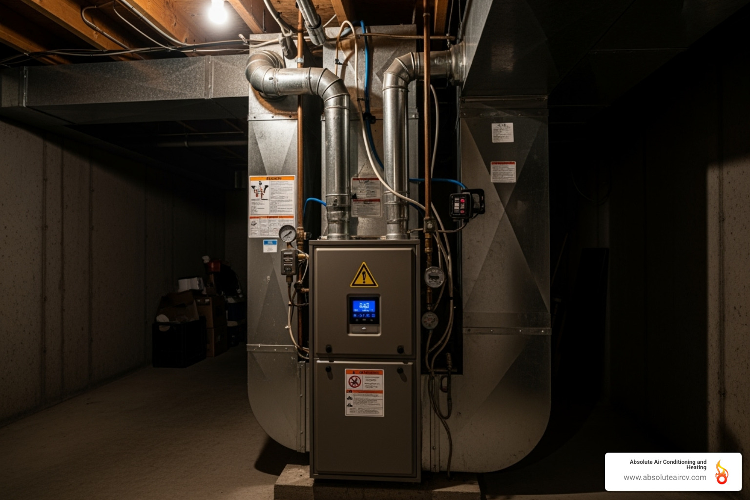 Furnace with a warning icon over it - Emergency heating repair