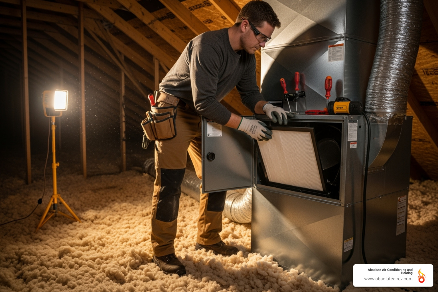 technician changing an air filter on an attic air handler - Attic AC installation