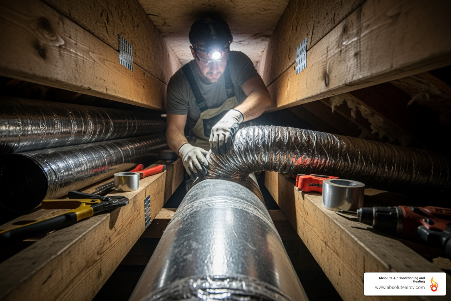 technician carefully installing ductwork in an attic - Attic AC installation