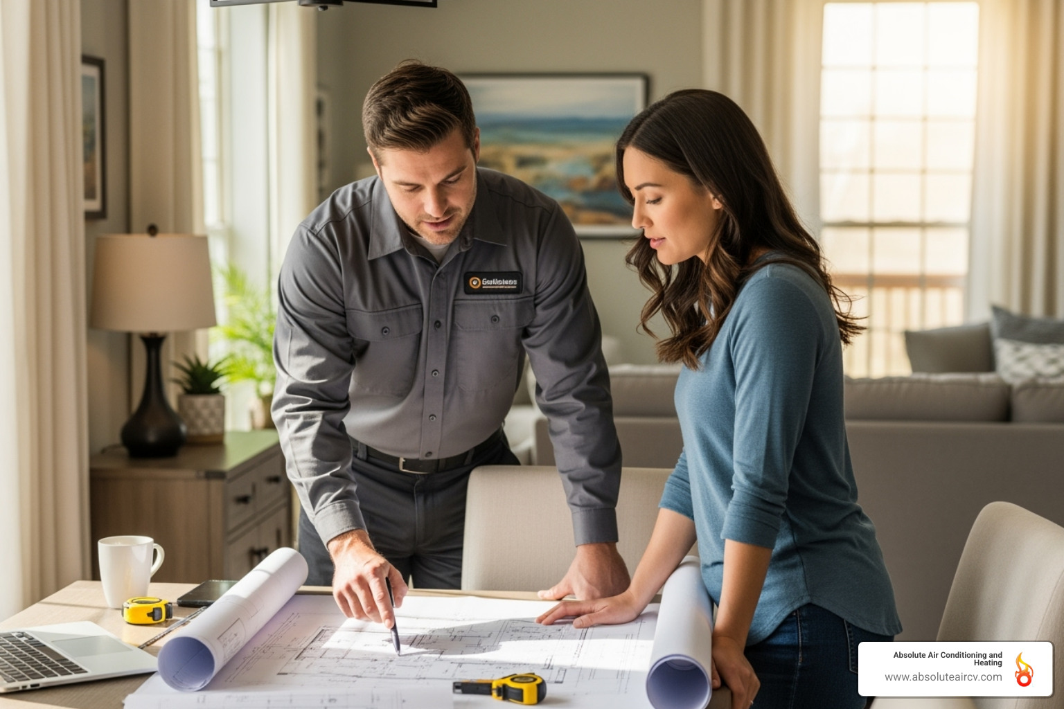 homeowner reviewing HVAC plans with a technician - Attic AC installation
