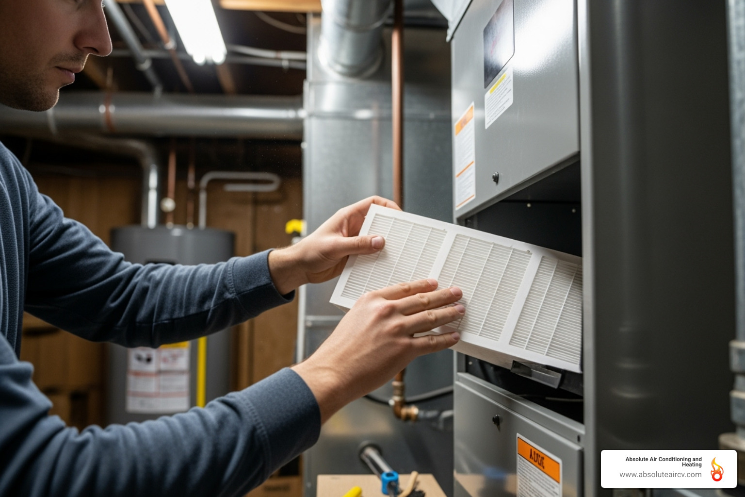 Homeowner inspecting air filter - HVAC system maintenance
