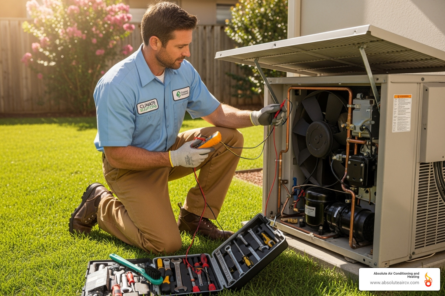 Technician servicing an outdoor condenser unit - HVAC system maintenance