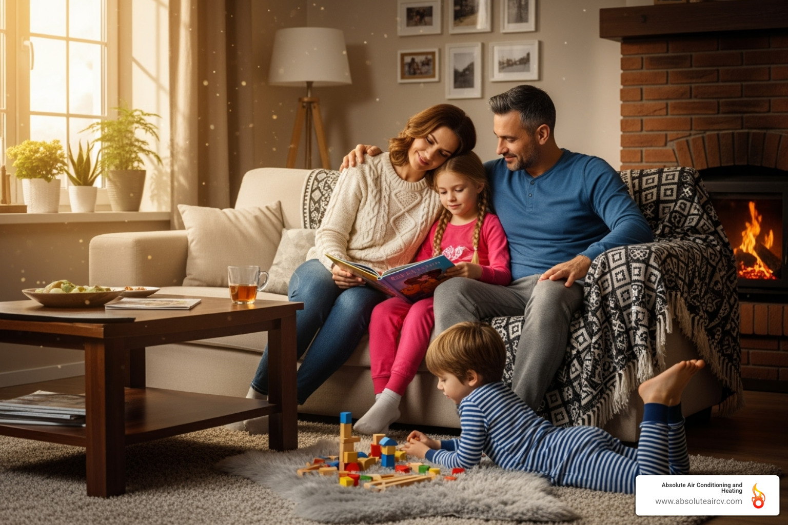 family comfortably enjoying their living room - Heat pump for home