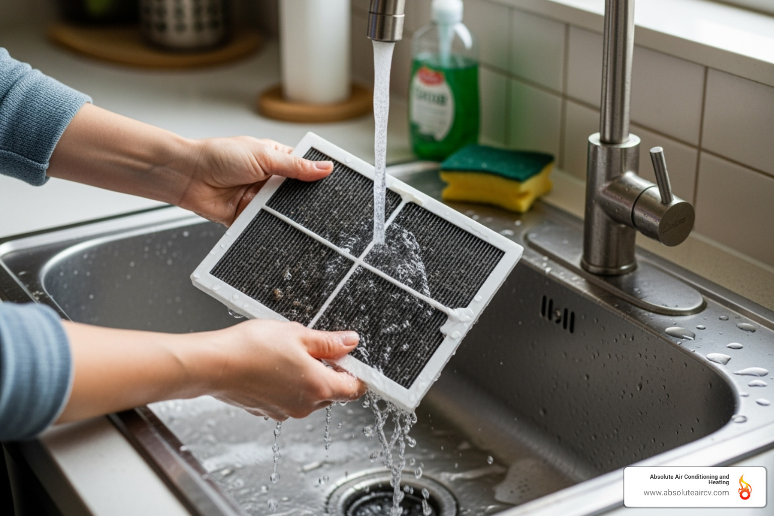 person rinsing AC filter in a sink - clean home AC