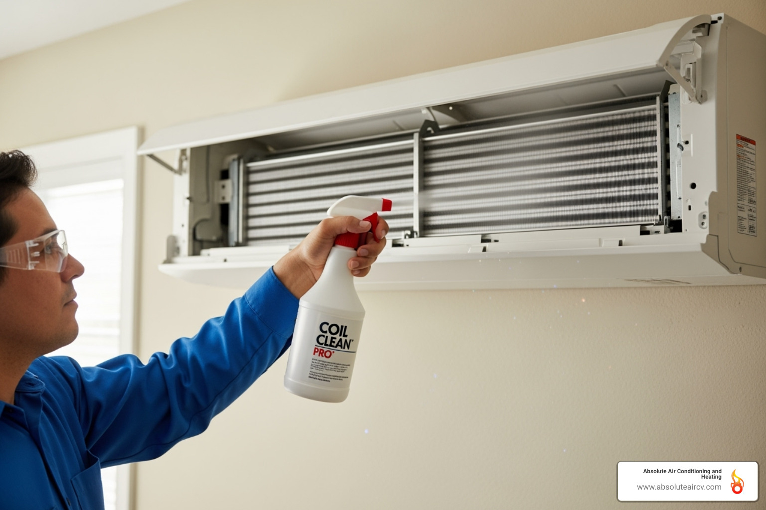 gently spraying AC coils with a cleaner - clean home AC