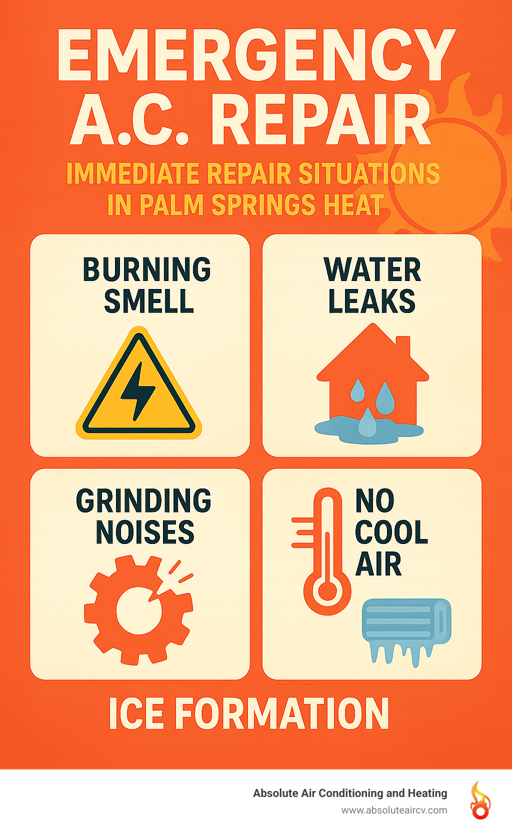 Infographic showing emergency AC repair warning signs: burning smell with electrical hazard symbol, water leaks with home damage icon, grinding noises with broken gear symbol, no cool air with thermometer, and ice formation with frozen coil illustration, all labeled as immediate repair situations in Palm Springs heat - emergency ac repair palm springs infographic