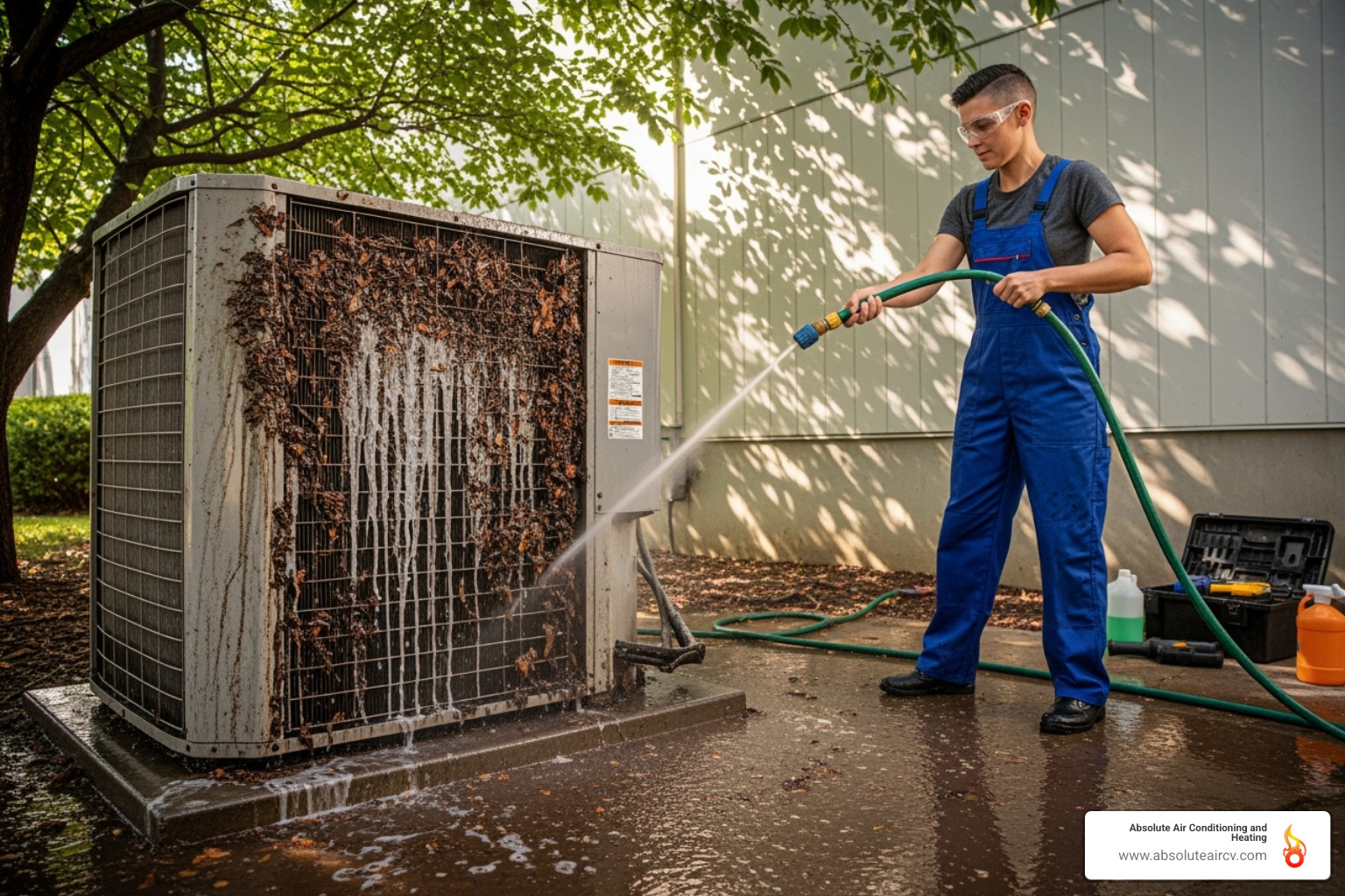 technician cleaning very dirty outdoor condenser unit - emergency ac repair palm springs