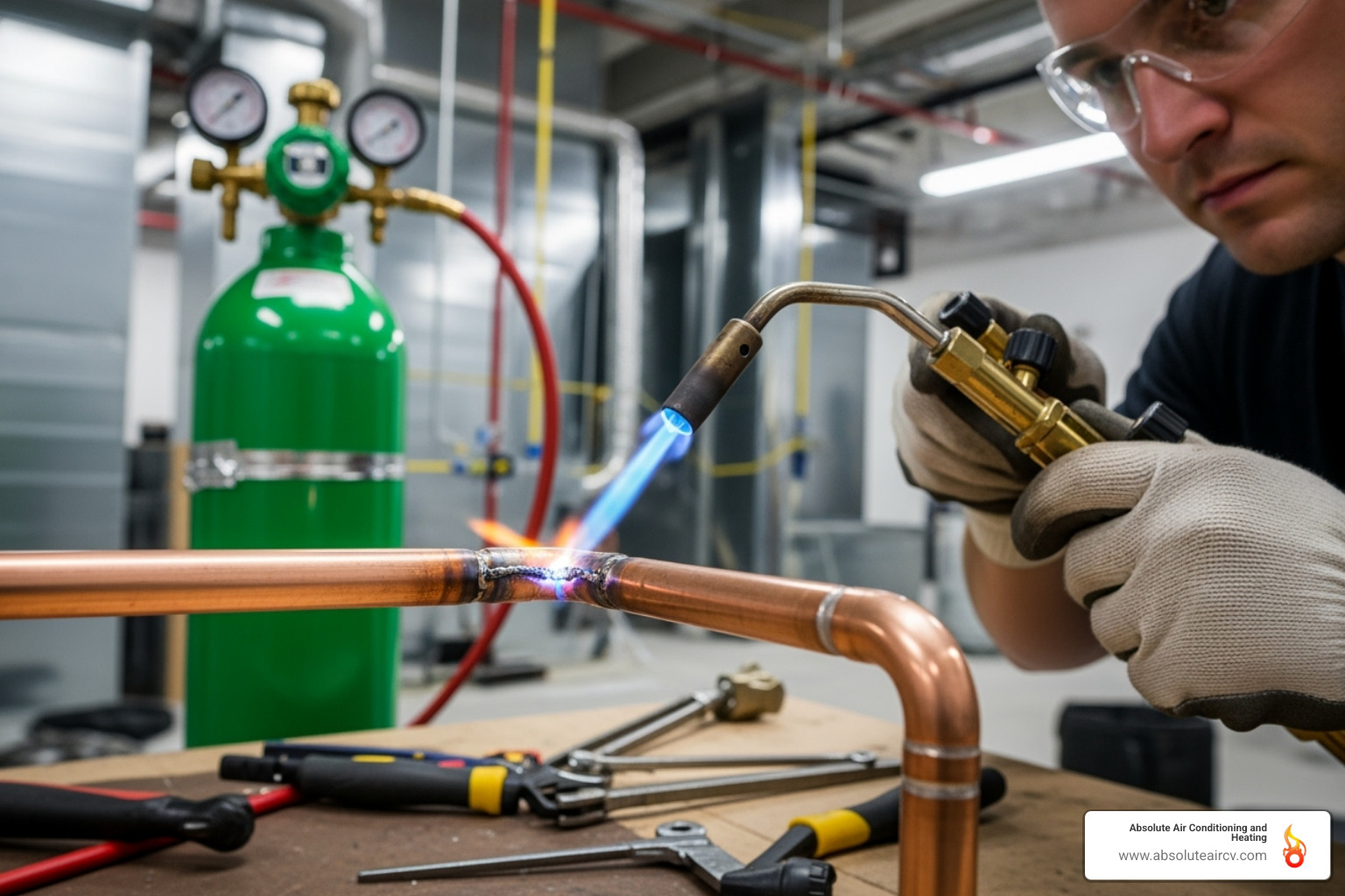 technician brazing a copper joint with a nitrogen tank and regulator connected - AC refrigerant line installation