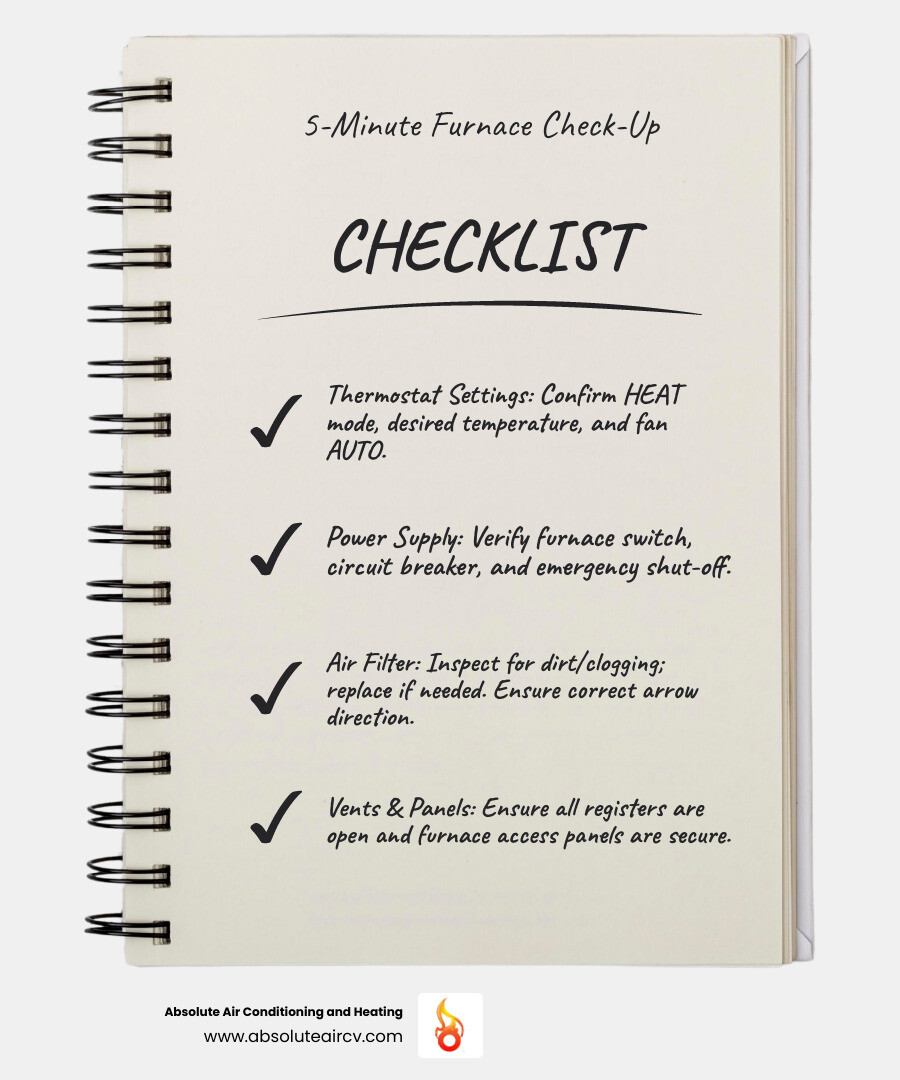 5-minute furnace troubleshooting checklist showing thermostat check, power switch verification, circuit breaker inspection, air filter examination, and furnace panel security check with step-by-step visual guide - Heating system troubleshooting infographic checklist-notebook