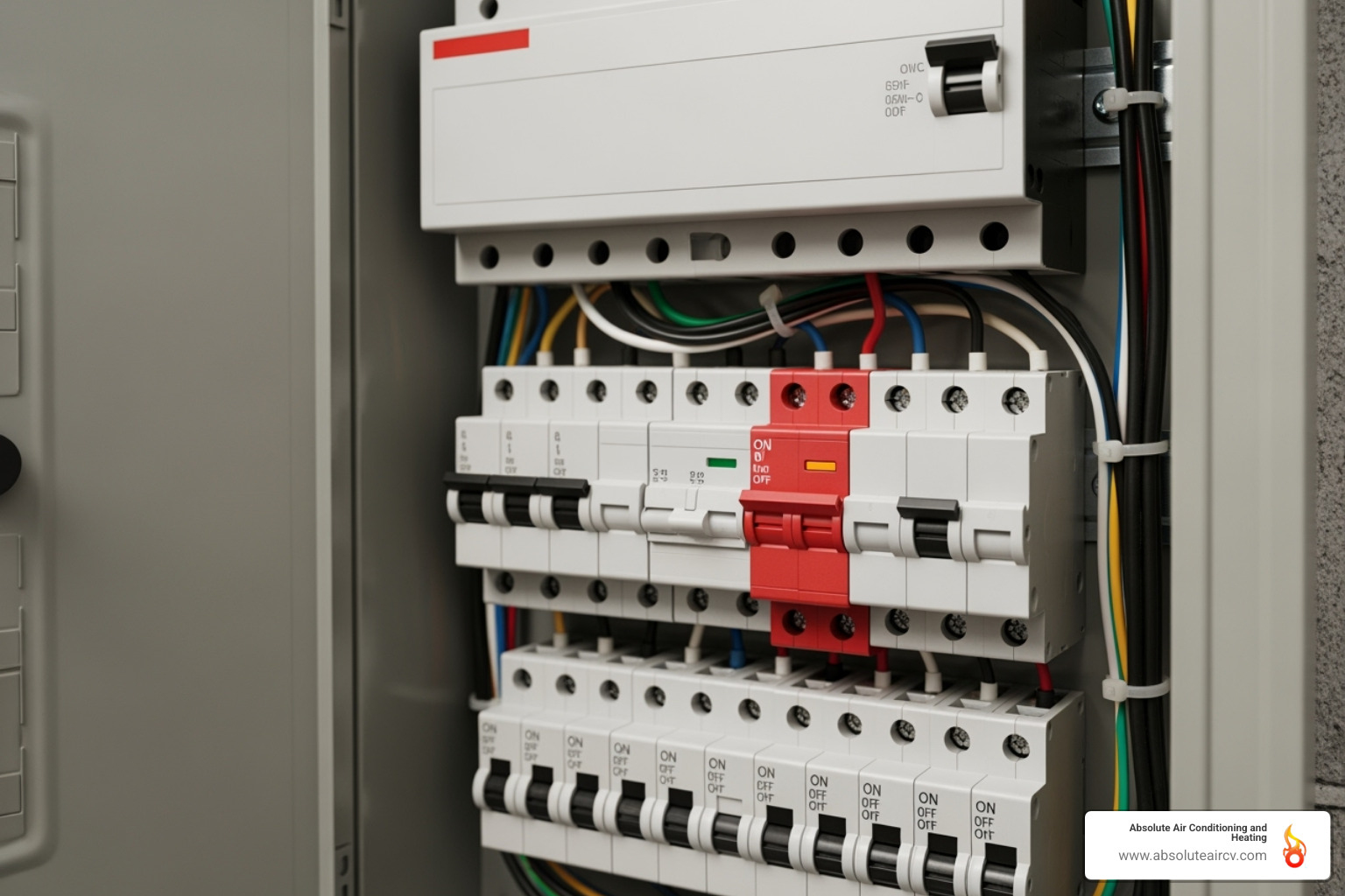a home electrical panel with a tripped breaker highlighted - Heating system troubleshooting