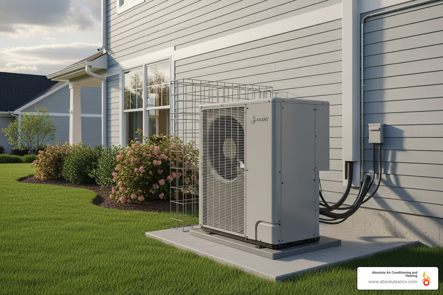 Modern high-efficiency heat pump unit installed on the side of a house - Efficient home heating